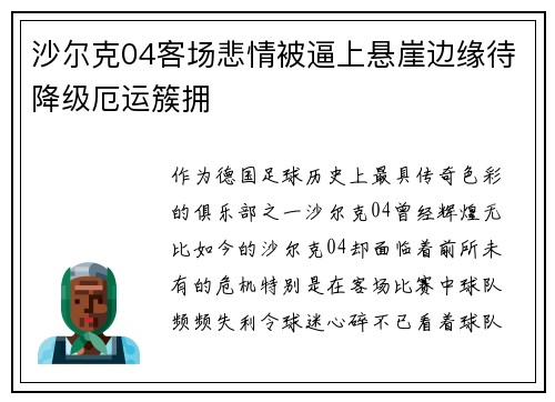 沙尔克04客场悲情被逼上悬崖边缘待降级厄运簇拥