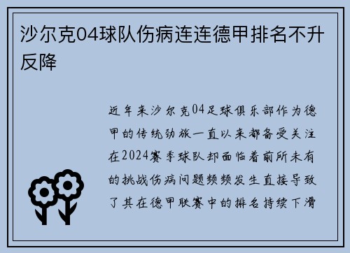 沙尔克04球队伤病连连德甲排名不升反降